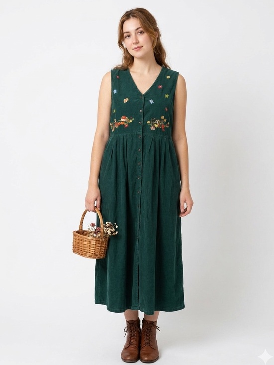 Vintage Dresses & Skirts - Vintage Forest Green Corduroy Embroidered Jumper Dress Size 20 Cottagecore